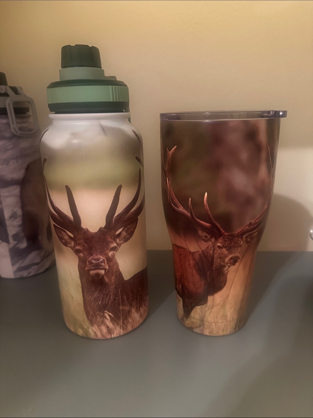 Insulated Deer Print Travel Tumbler and Bottle Set - Green Accent